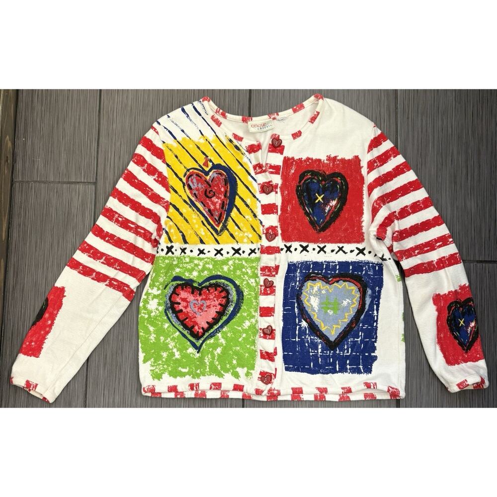 Onque Casuals Women’s Heart Design Cardigan Size Large Artsy Valentine Teacher